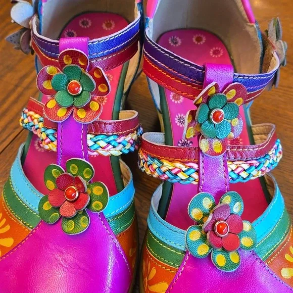 Queen Boho Leather Printing Stitching Mary Jane Style Halloween Heels - Picture 4 of 16